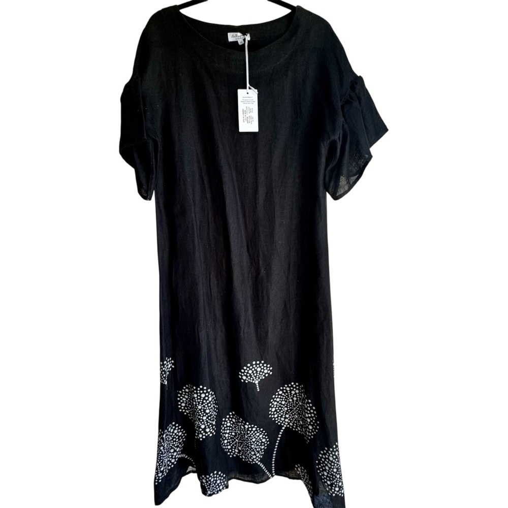 NWT Italian 100% Linen Flow Midi Dress Black & White Floral Embroidery Size M